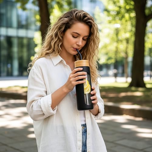 Image of 24 oz Glass Water Bottle with Straw - 2 Lids (Bamboo & Spout Lid), Motivational Borosilicate Glass Daily Water Intake Bottle with Time Marker, Silicone Sleeve for Gym Home Office-Black