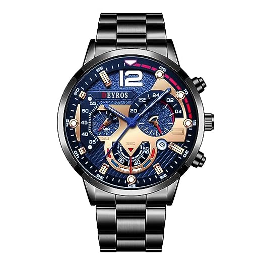 JewelryWe Reloj para Hombre, Esfera Decorativa de 3 Ojos, Reloj Redondo Analógico de Cuarzo, Manecillas Luminosas, Correa Desmontable, Herramienta de Extracción del Reloj Incluida, Negro