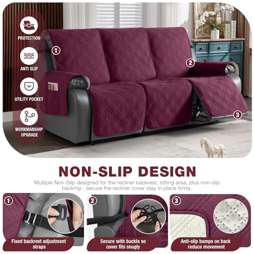 Image of TAOCOCO 100% Waterproof Recliner Sofa Cover, Non Slip Split Couch Covers for Reclining Couches with Elastic Straps (3 Seater, Wine)