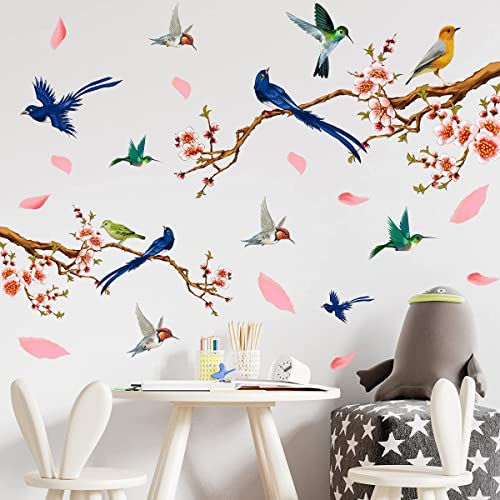 Creative Pink Flowers Wall Decals Peach Cherry Blossom Tree Branches Wall Stickers DIY Removable Flying Birds Floral Green Leaf Home Decor for Kids Girls Bedroom Living Room Nursery Office Decoration