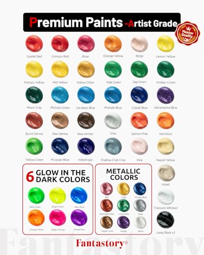 Image of Fantastory Acrylic Paint Set, 50 Colors (2oz /60ml) with 15-Piece Accessory Kit (12 Brushes, Palette, Scraper, Sponge) - Includes 6 Glow-in-the-Dark & 6 Metallic Colors. Non-toxic & waterproof paint for wood, pumpkin, rock, canvas, clay. Perfect for artists, DIY crafts & 3D printing.