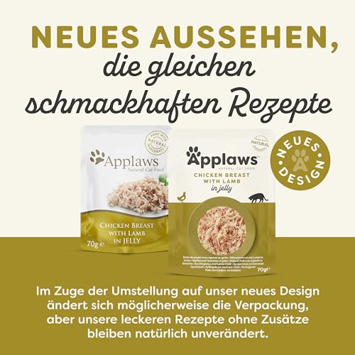 Applaws Premium Natural Katzenfutter Nass, Huhn mit Lamm in Gelee 70g Portionsbeutel (16x70g)