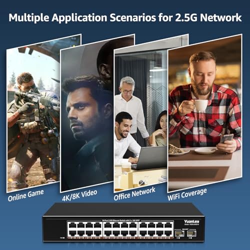 Image of 24 Port 2.5G Umanaged Ethernet Switch, 24 x 2.5Gb Base-T Ports, 2 x 10G SFP+, Compatible with 100 /1000 /2500Mbps, Metal Fanless, Desktop /Rack Mount YuanLey 2.5Gbe Network Switch for AP, NAS, PC