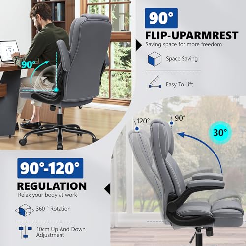 Image of PU Leather Office Chair, Ergonomic High-Back Desk Computer & Gaming Chair with Adjustable Height, Rolling Swivel & Flip-Up Armrests, Comfy Padded Seat for Home Office-Gray