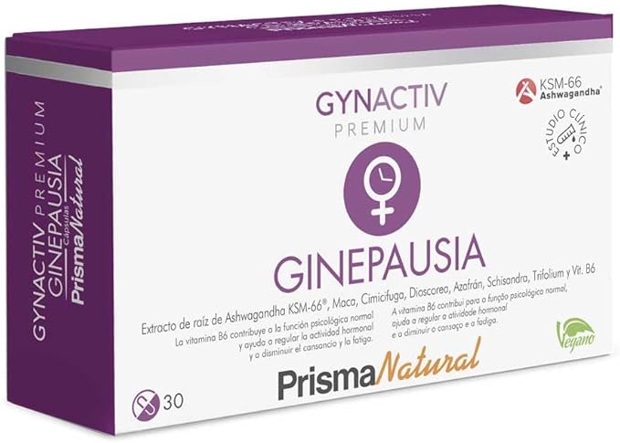 Prisma Natural - Ginepausia de Gynactiv Premium 30 cápsulas - Alternativa natural para la mujer. Ingredientes principales ashawagandha KSM- 66,maca,cimifuga, schisandra, azafrán, ñame, vitamina B6...
