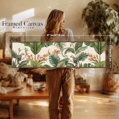 Image of PAINTINGMANTRA Amazonia Macaw Foliage Panel Cancas Wall Art Painting For Living Room Tropical Jungle Wall Decor Horizontal Wall Art Botanical Nature Large Framed Painting Living Room Decoration Vibrant Colorful 33x119 cm