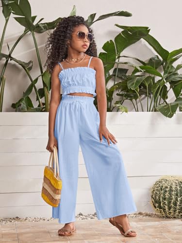 Image of Floerns Girl's 2 Piece Set Ruffle Trim Cami Tops with Paperbag Waist Wide Leg Pants