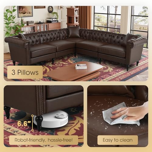 Image of 99.4 Inch 5 Seat L Shaped Couch Faux Leather Sectional Couch with Three Pillows Chesterfield L Shaped Sofa PU Leather Sectional Couches for Living Room Brown