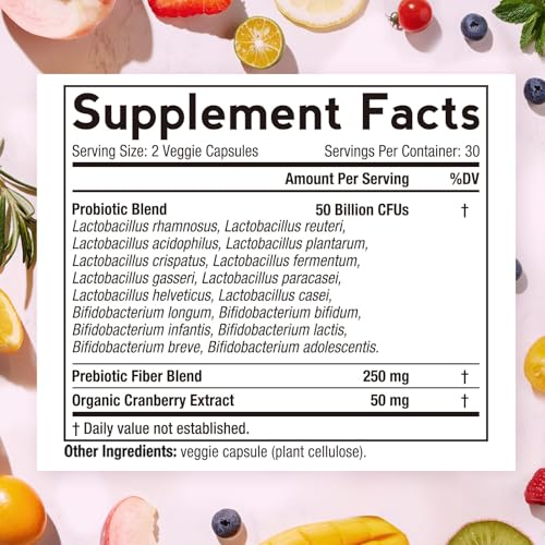 Doctor's Recipes Women's Probiotic, 60 Caps 50 Billion CFU 16 Strains, with Organic Cranberry, Digestive Immune Vaginal & Urinary Health, Shelf Stable, Delayed Release, No Soy Gluten Dairy - Image 3