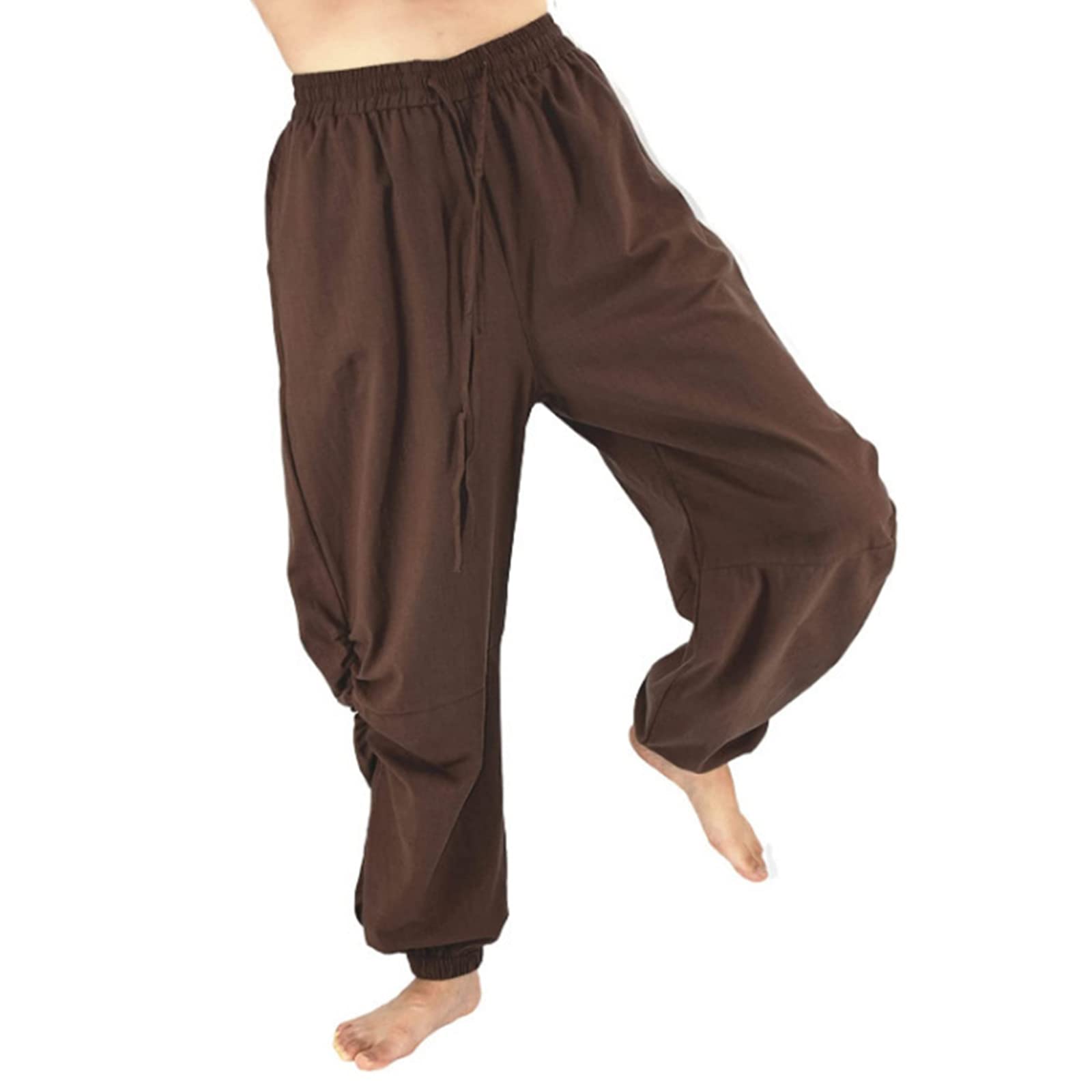 Rela Bota Mens Fashion Cotton Linen Pants Casual Beggy Haren Pants Beach Yoga Drawstring Trousers Brown