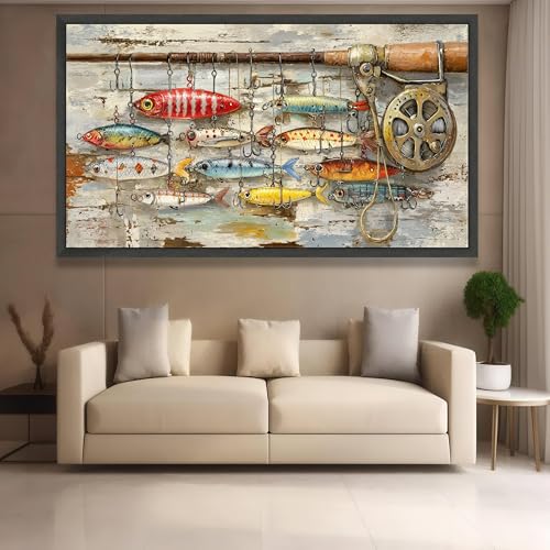 Peinture canne à pêche et moulinet rétro sur grande toile murale