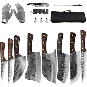 FULLHI 14pcs Butcher Knife Set Hand Forged chef knife Boning Knife With Sheath High Carbon Steel Chef For Kitchen, Camping, BBQ