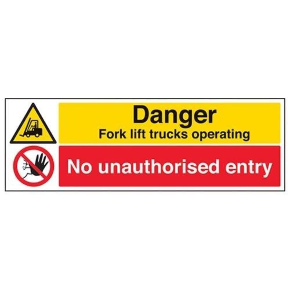 V Safety Danger Fork Lift Trucks Operating No Unauthorised Entry Sign - 600mm x 200mm - 2mm Rigid Plastic