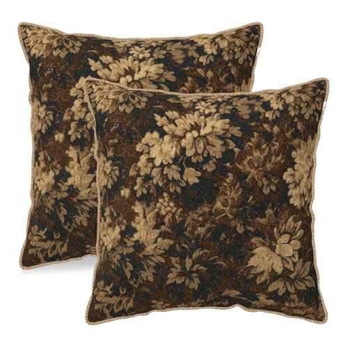 Neutral Flowers Dark Brown Soft Velvet Throw Pillow Covers Set of 2 Boho Vintage Abstract Floral Decorative Pillow Covers 18x18 Inch Retro Bohemian Pillow Case For Sofa Couch Farmhouse Home Decor