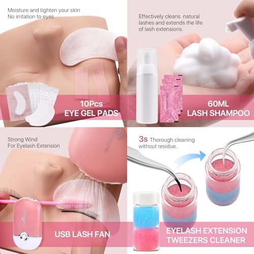 Pretty memory Eyelash Extension Kit for Beginners, 343 Pcs Lash Extension Kit with Everything Includes 2 Mannequin Heads Facial Mister Tweezers Glue USB Fan for Practice Training - Thumbnail 5