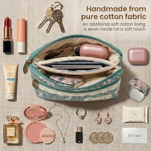 Image of Women Small Zipper Coin Purse, Handmade Fabric Flower Embroidered Change Pouch, Cotton Double Zipper Wallet