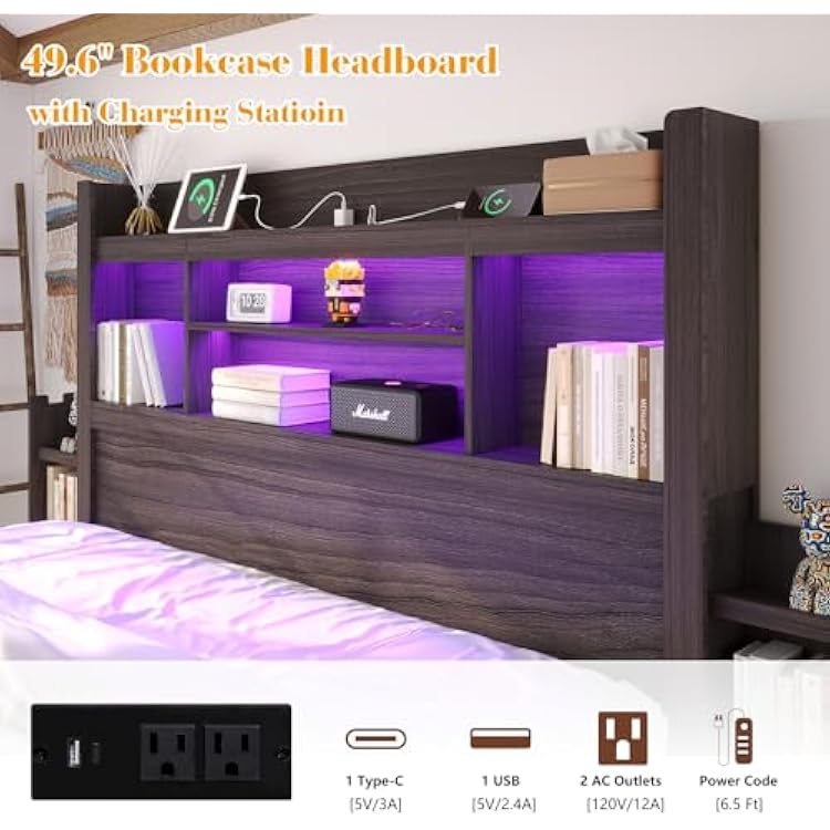 LUXOAK Full Bed Frame with 49.6 Bookcase Headboard & 2 Bedside Stoage Racks & 4 Drawers, Farmhouse Wood Bed Frame with RGB LED & Charging Station, No Box Spring Needed, Black