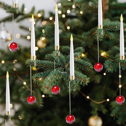 JOIONE Lot de 12 bougies sans flamme pour sapin de Noël avec télécommande, à piles pour sapin de Noël - Flamme vacillante pour décoration d'intérieur - Boule de cristal rouge en verre