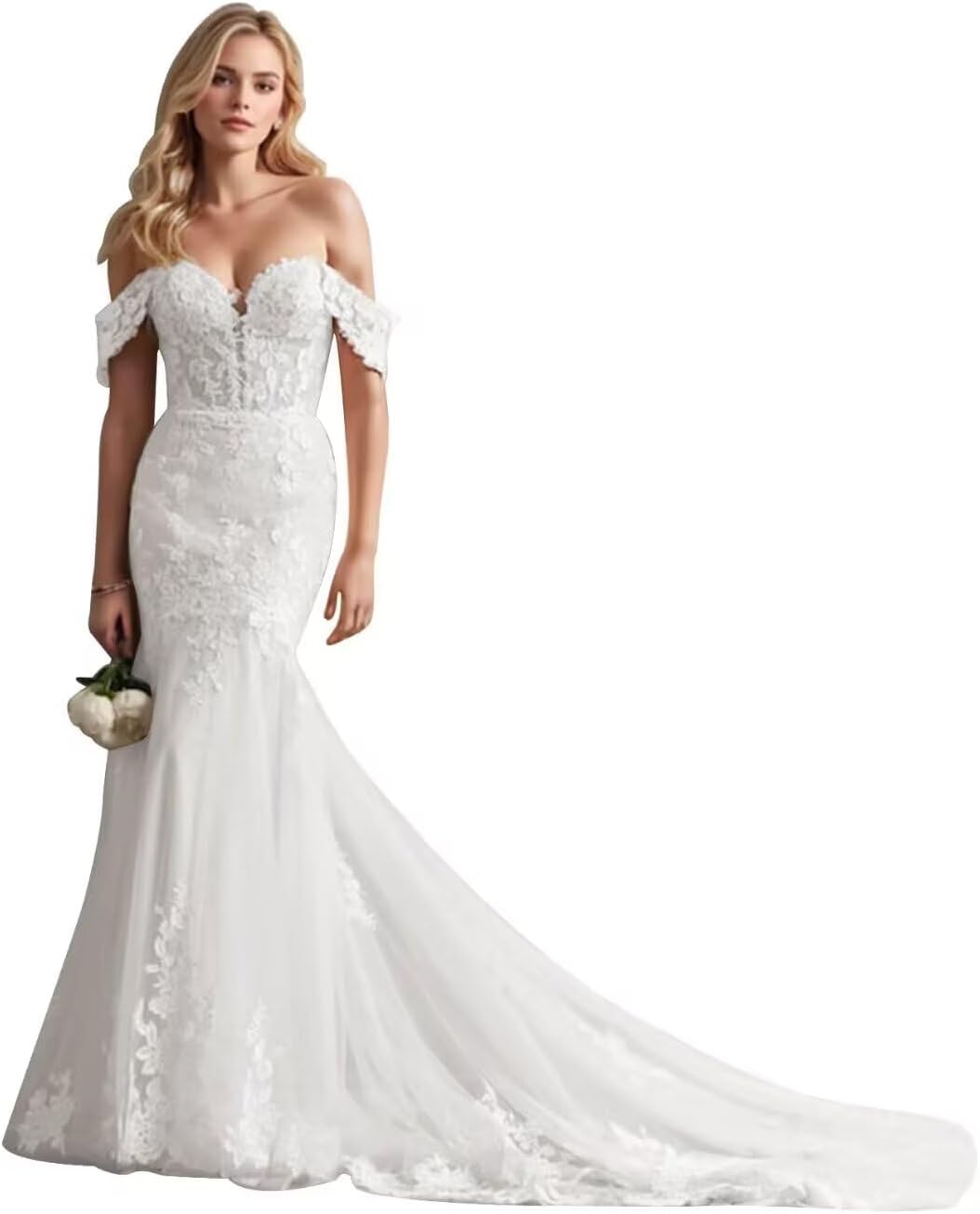 Molisa Tulle Lace Applique Wedding Dresses for Bride 2026 Off Shoulder A-Line V-Neck Sparkly Bridal Gowns with Train