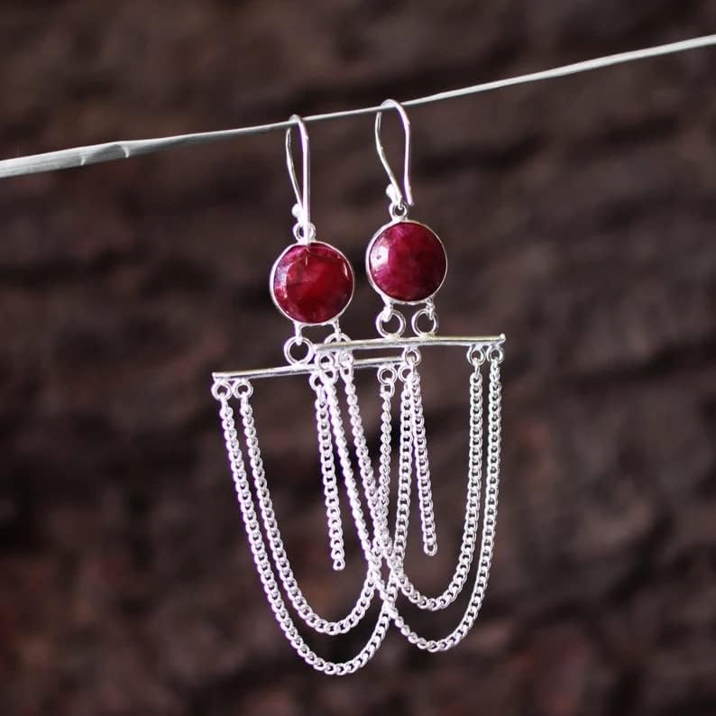 Ruby Earrings, 925 Sterling Silver, Bohemian Jewelry, Chain Dangle Earrings, Handmade Statement Earrings, Earrings For her, Party Wear Jewelry, Trending Drop Dangle Earrings, Gift for her