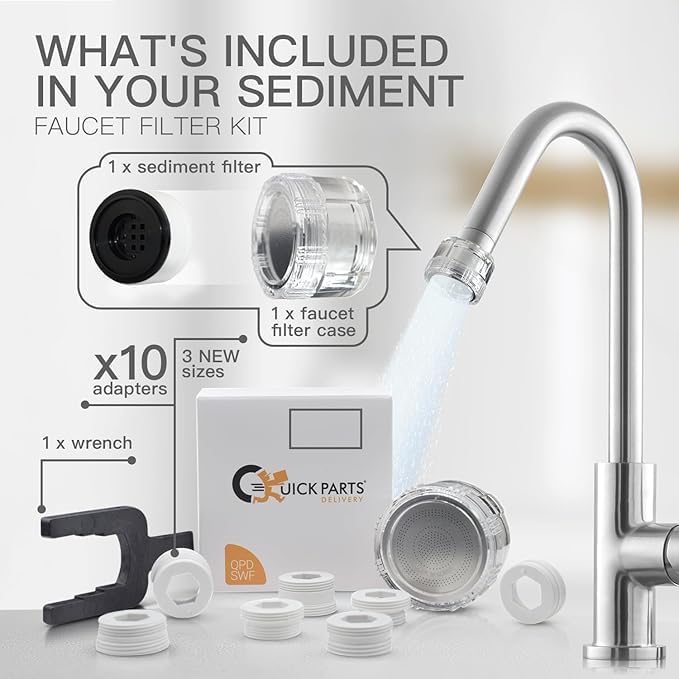 Kitchen and Bathroom Faucet Filter Kit - Includes 10 Adapters - Improves Taste and Odor, Protects Skin and Health - Removes Dirt and Rust (Sediment)
