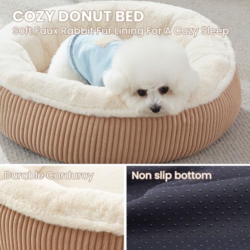 Image of 23 inches Donut Dog Bed for Small Dogs - Calming Round Puppy Bed with Removable &Washable Cover, Plush Faux Fur & Corduroy Pet Bed for Cats, Fits Pets up to 15 lbs(Brown,Small)