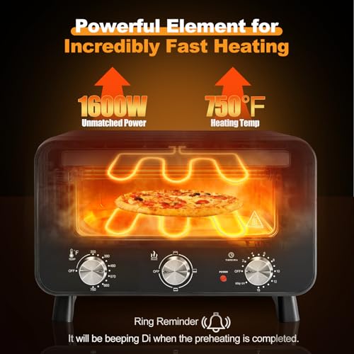 Image of NEWBULIG Electric Pizza Oven Indoor Countertop, Makes 12.6-Inch Pizzas in Minutes, Heats up to 750F Pizza Maker, Large Viewing Window, Interior Light, with Pizza Stone & Peel, Mechanical Control Knob