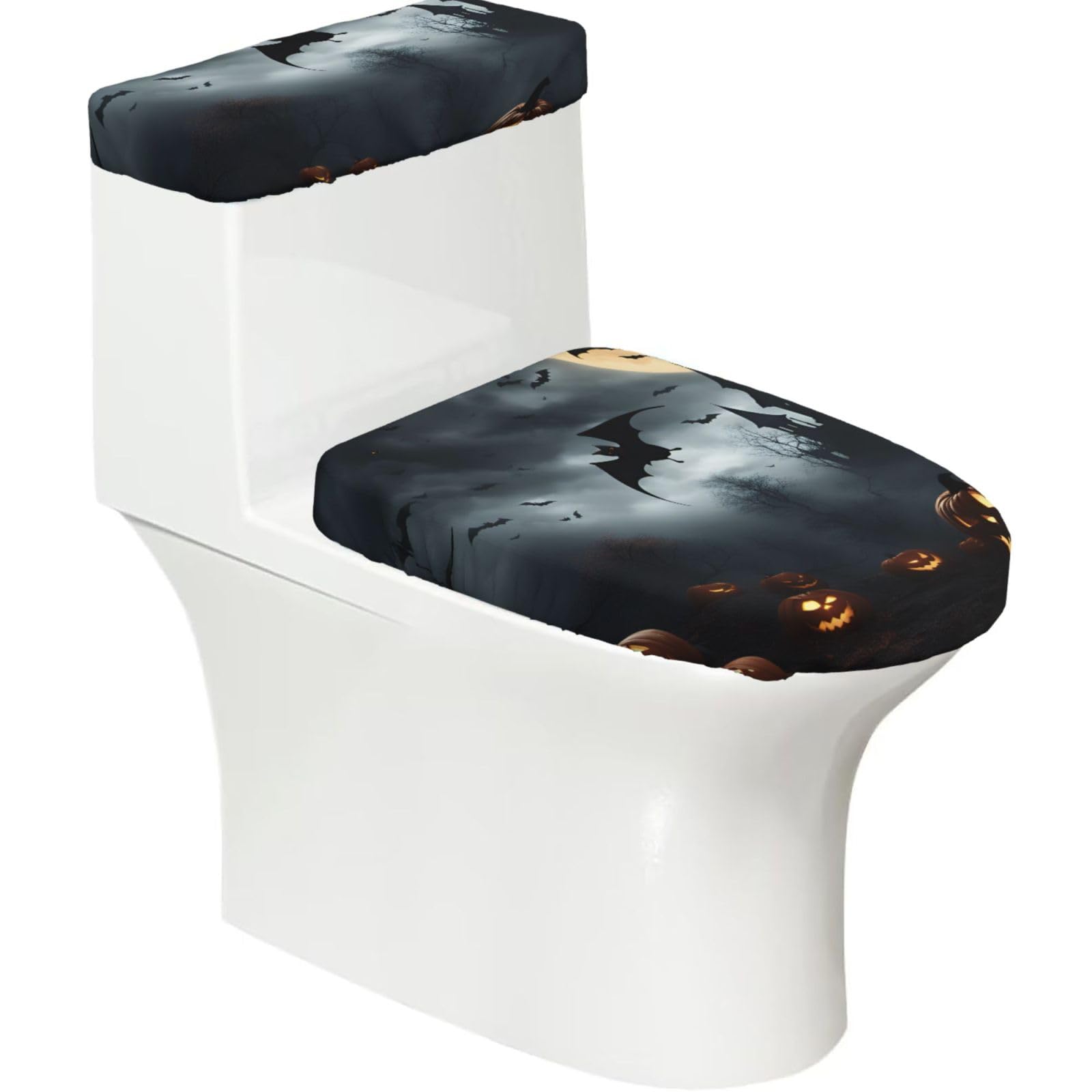 Halloween Flying Bats 4 Print Stretch Toilet Covers Set, Polyester Covers Replacement For Fits Most Size Lids Bathroom Decor