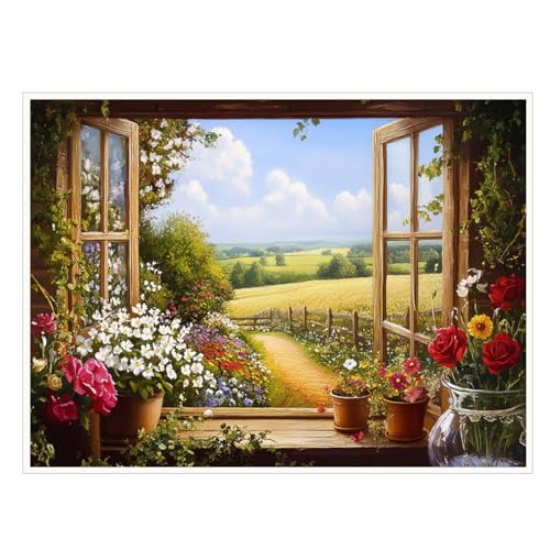 Cottage Window Landscape Painting English Country Garden Scene, Faux Window