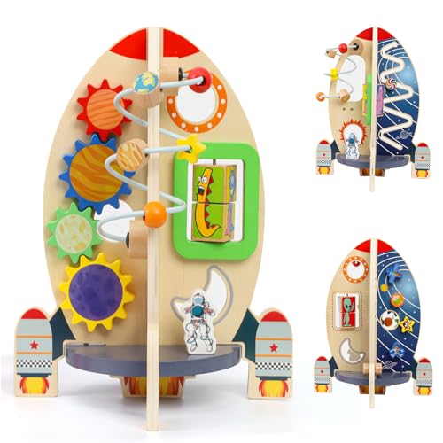 Image of Wdmiya Space Wooden Activity Cube Toys for Baby, Montessoritoys for 1 Year Old Boy & Girl Birthday Gifts, Sensory and Educational 1st Birthday Gifts, Busy Board Toys for Baby Boy (Yellow)