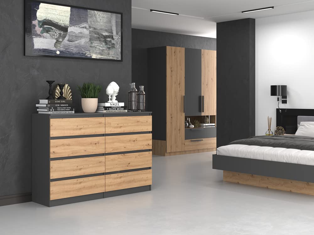 ADGO Malwa M8 140 Kommode mit 8 Schubladen 138x97x40cm, Klassischer Schrank mit Regalen für Schlafzimmer Wohnzimmer Kinderzimmer Tief Freistehend Platzsparend (Versand in 3 Packs) (Anthrazit/Artisan)