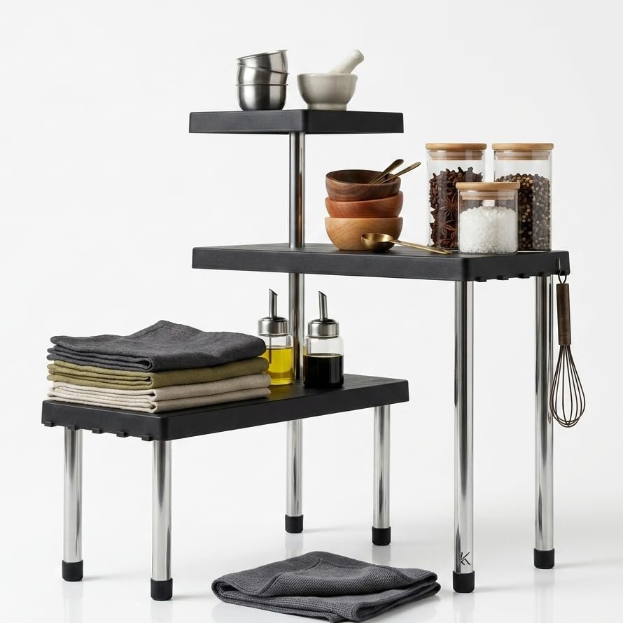 Image of U-Max 3-Tier Multipurpose Corner Kitchen Rack, 3 tier kitchen shelf, Space Saving Countertop Shelf Organizer for Spice Jars, Containers, Cups & Cooking Essentials (Black)