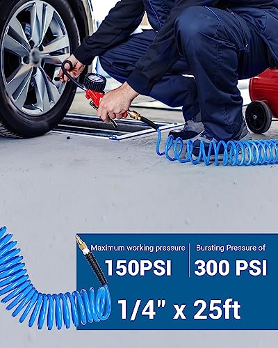 DEWENWILS 1/4 in x 25ft Polyurethane Recoil Air Hose with Fittings Compressor Hose and Bend Restrictor with 1/4 in Industrial NPT Coupler and Plug Kit, Wear Resistant PU Air Hose, Blue - Thumbnail 4