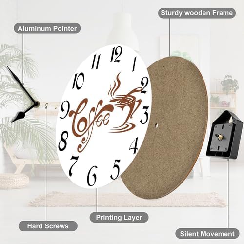 Miniatura 7 de Reloj de pared redondo de 10 pulgadas, funciona con pilas, de madera, silencioso, sin tictac, para decoración de amantes del café, silencioso, sin