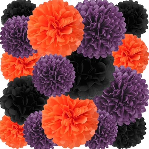 Image of 18 PCS Tissue Paper Pom Poms, Tissue Pom Poms Flowers, Sizes of 6 inch, 10 inch, 12 inch, 14 inch Hanging Paper Flower Ball for Wedding, Birthday, Halloween, Party Decor (Black Orange Purple)