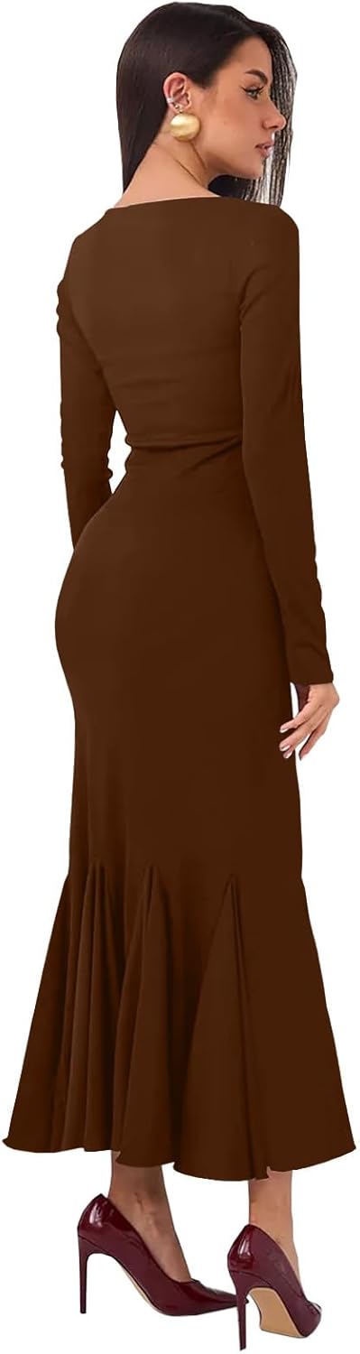 Misng Women's Basic Sexy Long Sleeve Bodycon Maxi Dress Square Neck Casual Ribbed Party Long Dresses - Image 2