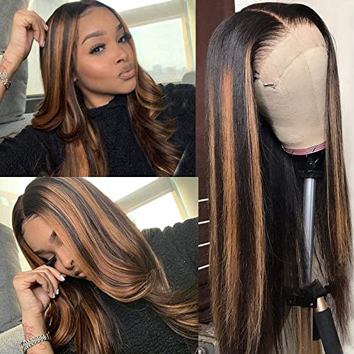 Haha Dark Root Brown Highlight Human Hair Wig Ombre Highlight 4x4 Lace Front Wig Pre Plucked with Baby Hair 20 Inch 150% Density Remy Virgin Hair Straight Wig Balayage 1BT1B/30