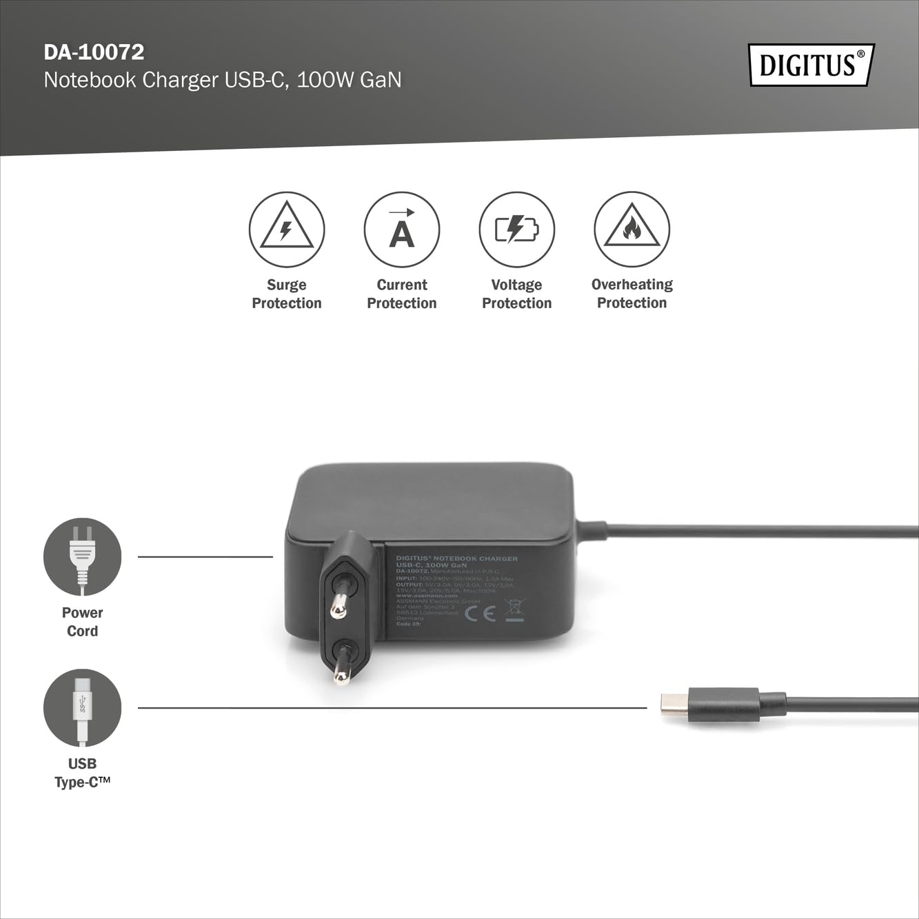 DIGITUS Cargador de portátil GAN USB-C de 100 W - Tecnología de nitruro de galio - Power Delivery 3.0 - Cable de 1,2 m de Longitud - también para Smartphones y tabletas - Negro