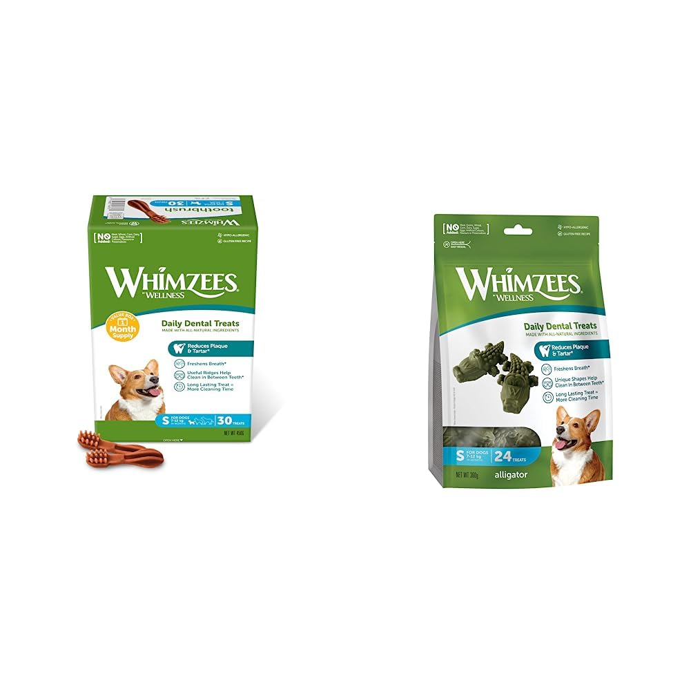 WHIMZEESBy Wellness Toothbrush, Month Box, Natural and Grain-Free Dog Chews, Dog Dental Sticks & By Wellness Alligator, Natural and Grain-Free Dog Chews, 24 Pieces, Size S