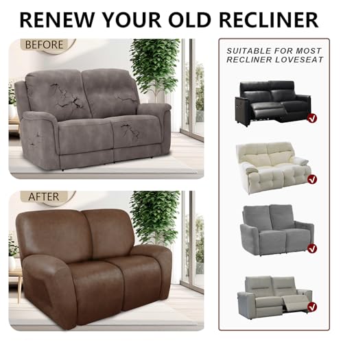 Image of ANARACHON Loveseat Recliner Cover Leather Look Recliner Loveseat Covers Recliner Sofa Cover for 2 Seater Reclining Couch Spandex Fabric Washable 6 Pieces (2 Seater, 01 Brown)