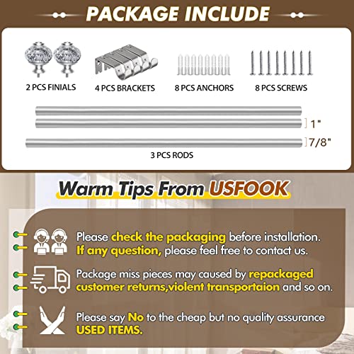 Usfook 1 Inch Curtain Rods For Windows, 72 To 144 Inches (6-12 Ft) Telescoping Single Drapery Rod Set With Translucent Finials Embedded With Silver Foil, Silver #TOP7