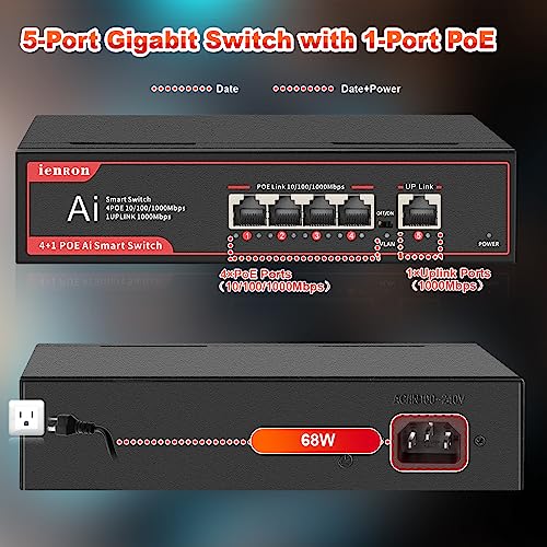 Ienron 5 Ports Poe Switch,4 Poe Ports Gigabit Network Switch+1 Uplink Port,Unmanaged Ethernet Switch With Reliable Data Transfer,Ethernet Splitter |Fanless Metal Design |Plug And Play |Wall Mount #TOP1