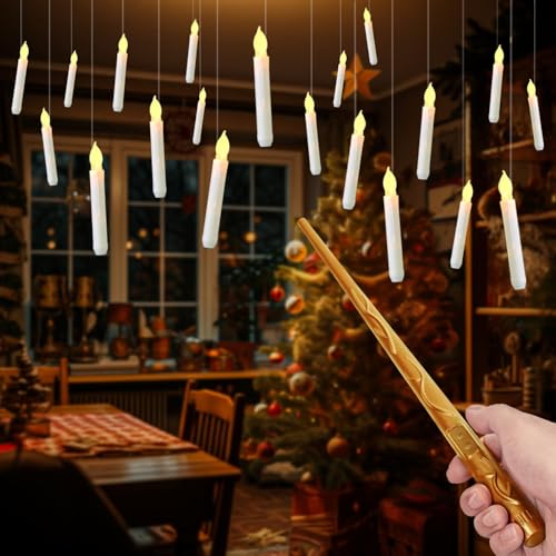 Image of Raycare 20 Pcs Floating Candles with Wand, Magic Hanging Candles Flameless, Flickering LED Taper Candle with Wand Remote, Warm Light, Battery Operated Window Candle for Halloween Witch Wizzard Decors