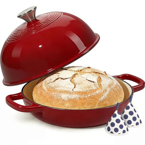Enamelled Cast Iron Dutch Oven Pot – Dutch Oven Pot with Lid For Sourdough Bread Baking – Cast Iron Bread Oven – Red, Umite Chef 6QT Pot with Lid & Cotton Potholders