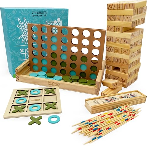 PHIBER-SPORTS Jeux en Bois 4-en-1 : Quatre-en-Ligne, Morpion, Mikado & Tour Instable – Collection...