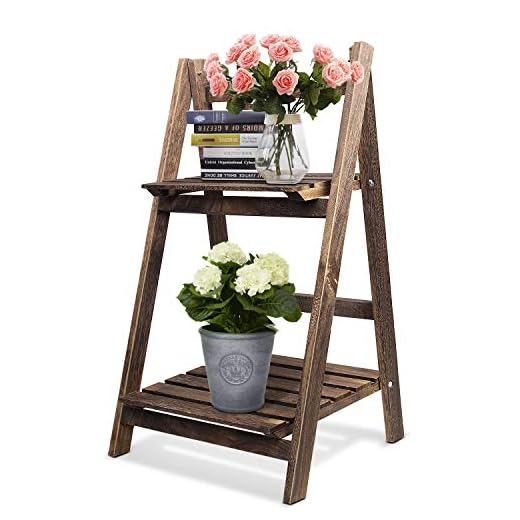 Flexzion Two Tier Folding Wooden Plant Stand, Collapsible Freestanding Decorative Natural Wood Display Rack Shelf for Greenhouse, Garden, Indoor, Outdoor - Rustic Brown
