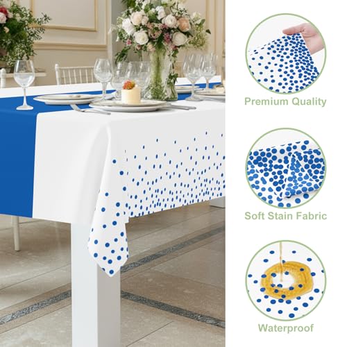 Image of Smiry Plastic Table Cloth Disposable 3 Pack, 54 x 108 Inch Rectangle Waterproof Tablecloth, Printed Gold Table Runner Style for Birthday Weeding, Party Decorations, Leakproof & Sturdy, White and Blue