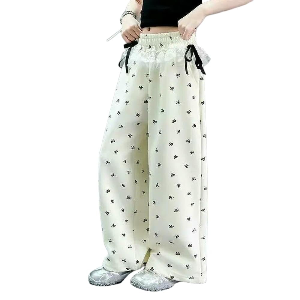 GLDFW Pantaloni estivi da ragazza a gamba larga sottili con nodo casual vestibilità ampia abbigliamento per bambini in fibra di poliestere elastico in vita pantaloni lunghi
