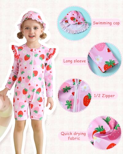 Toddler Girl Swimsuit Baby Girl Bathing Suit Long Sleeve Floral Zipper One-Piece Rash Guard Swimsuit with Hat3