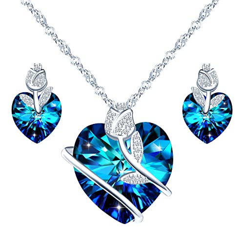 Yumilok Collar para mujer Pendientes de corazón de rosa S925 Colgante de corazón de plata de ley Temperamento de moda de cristal azul Cover